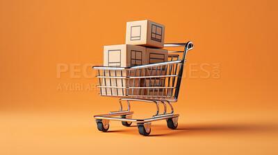 Mini shopping cart with boxes. Trolley with online purchases, business marketing