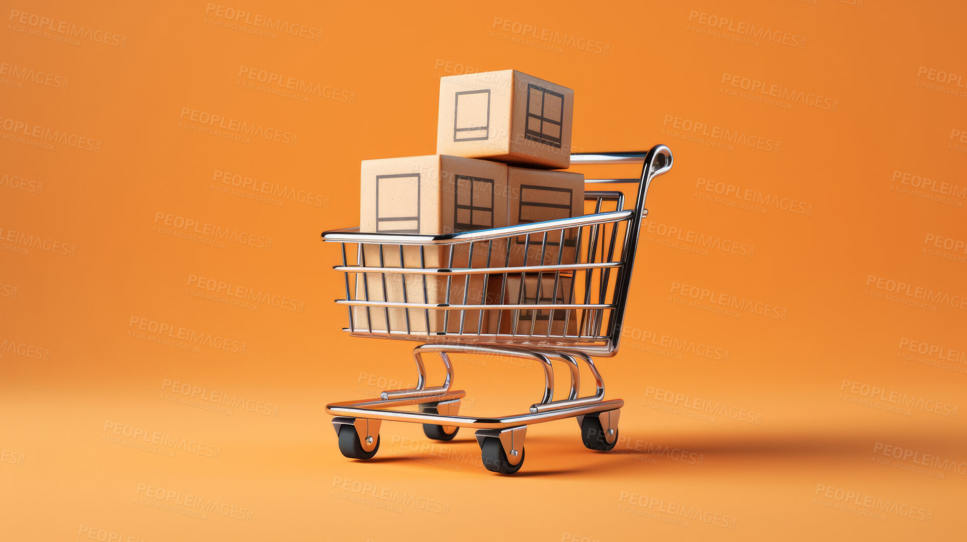 Buy stock photo Mini shopping cart with boxes. Trolley with online purchases, business marketing