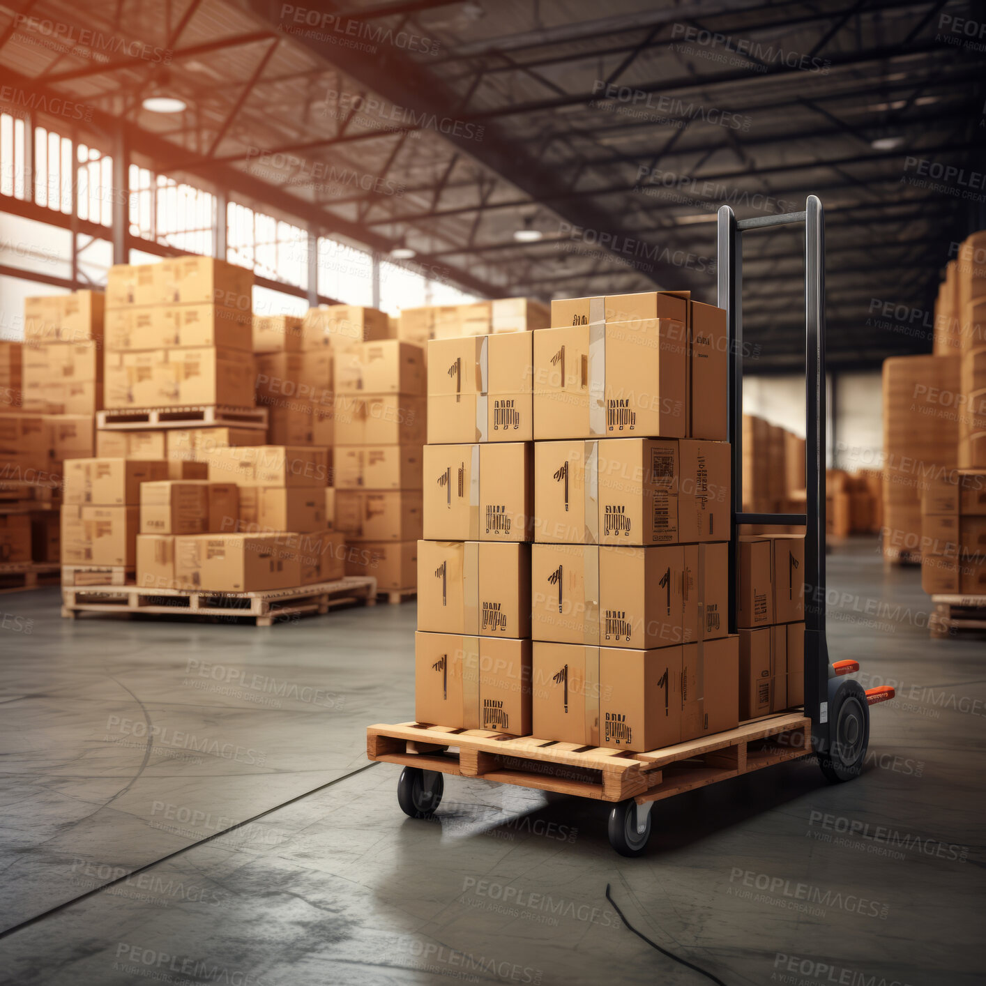 Buy stock photo Boxes on trolley in shipping warehouse. Logistics and transportation product distribution