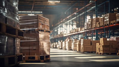 Shelves in retail warehouse with goods in boxes. Logistics and transportation product distribution