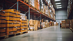 Shelves in retail warehouse with goods in boxes. Logistics and transportation product distribution