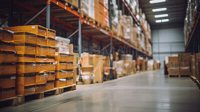 Shelves in retail warehouse with goods in boxes. Logistics and transportation product distribution