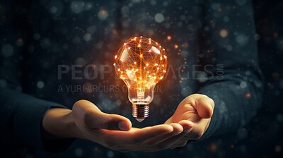 Lightbulb in hand. Innovation, data connection concept. Digital technology development