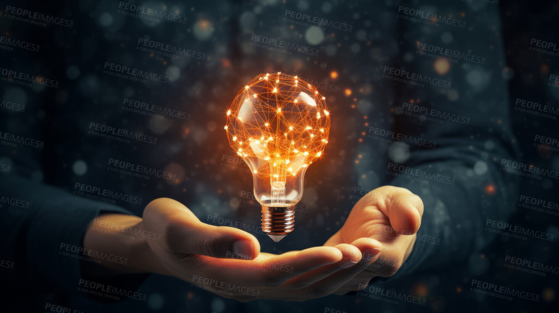 Buy stock photo Lightbulb in hand. Innovation, data connection concept. Digital technology development