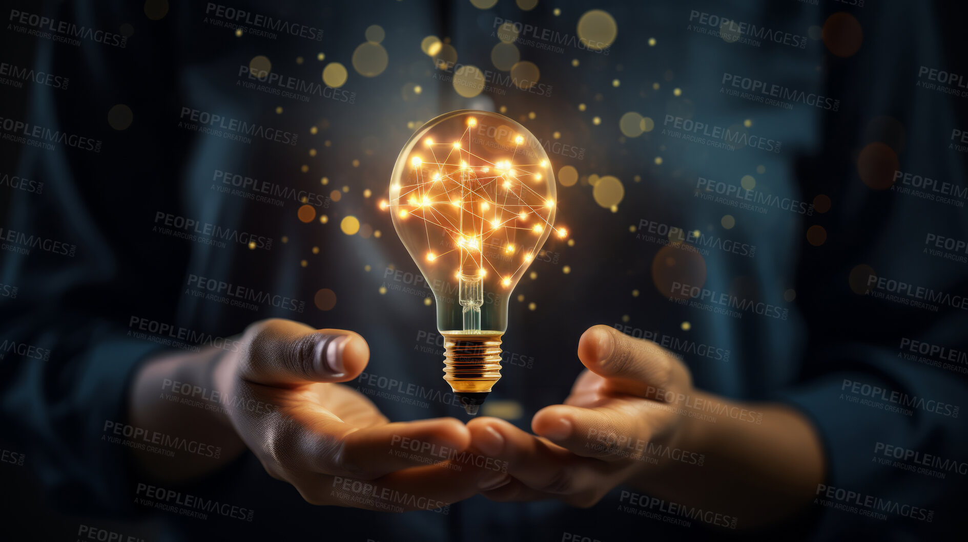 Buy stock photo Lightbulb in hand. Innovation, data connection concept. Digital technology development