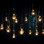 Hanging lightbulbs. Innovation, data connection concept. Teamwork technology development