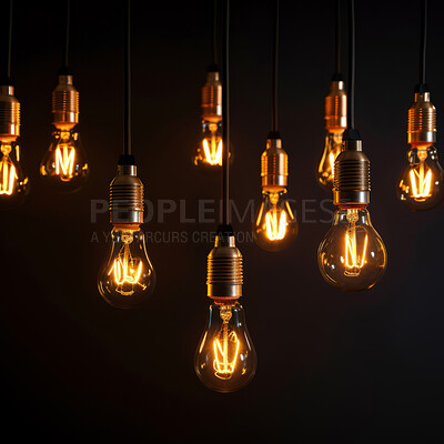 Hanging lightbulbs. Innovation, data connection concept. Teamwork technology development