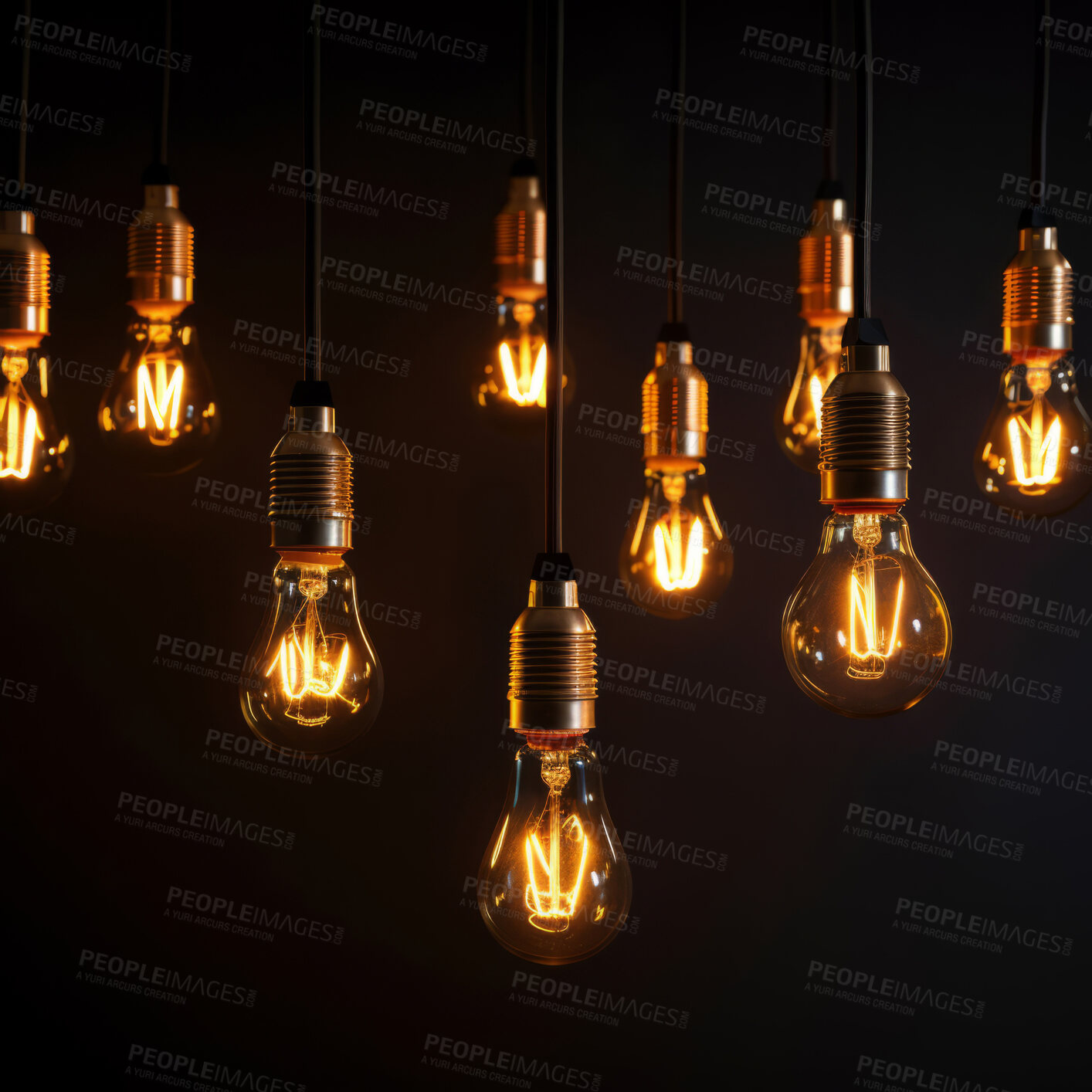 Buy stock photo Hanging lightbulbs. Innovation, data connection concept. Teamwork technology development