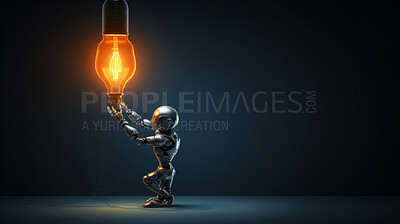 Lightbulb in robot hand. Innovation, data connection concept. Digital technology development