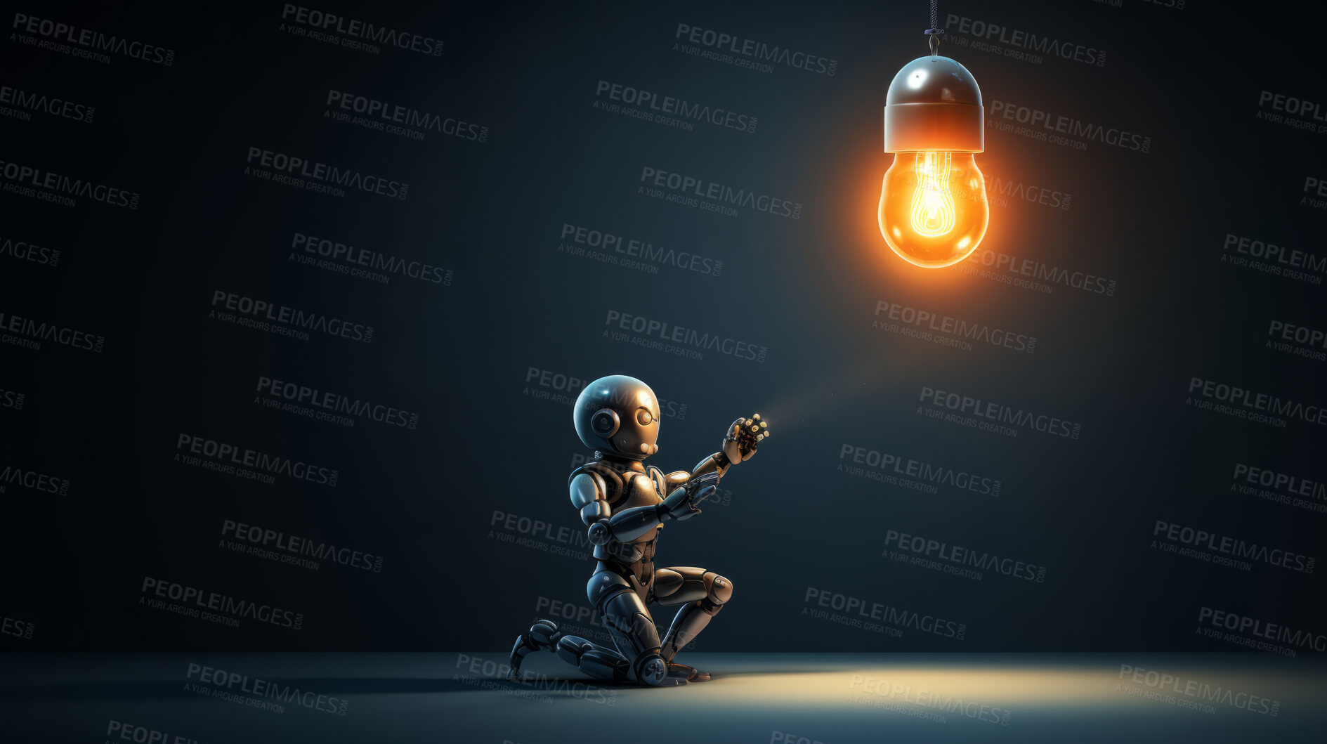 Buy stock photo Lightbulb and robot. Innovation, data connection concept. Digital technology development