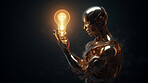 Lightbulb in robot hand. Innovation, data connection concept. Digital technology development