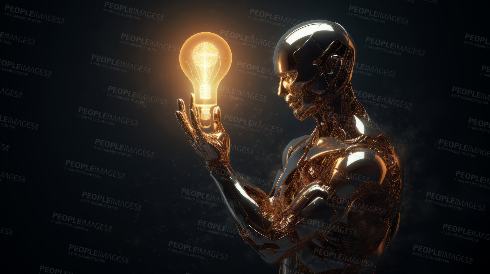 Buy stock photo Lightbulb in robot hand. Innovation, data connection concept. Digital technology development