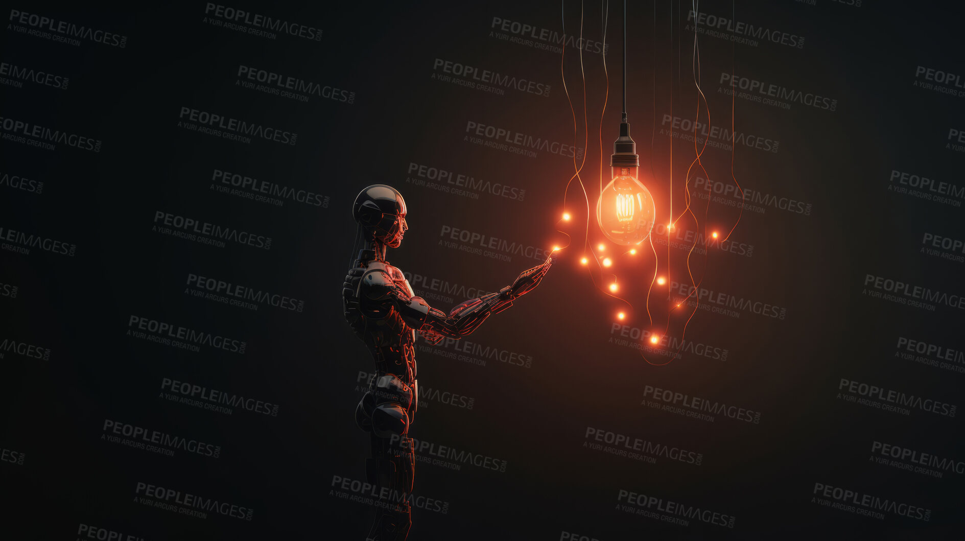 Buy stock photo Lightbulb in robot hand. Innovation, data connection concept. Digital technology development