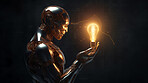 Lightbulb in robot hand. Innovation, data connection concept. Digital technology development