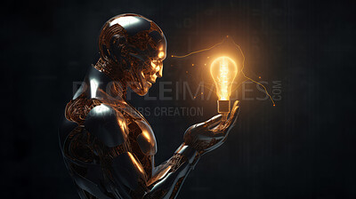 Lightbulb in robot hand. Innovation, data connection concept. Digital technology development