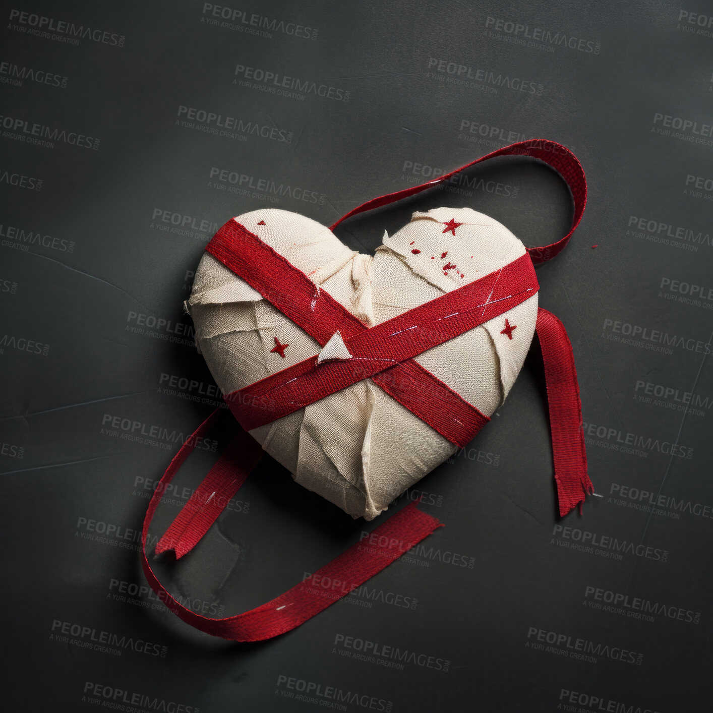 Buy stock photo Heart wrapped in red ribbon. Heal broken heart concept.