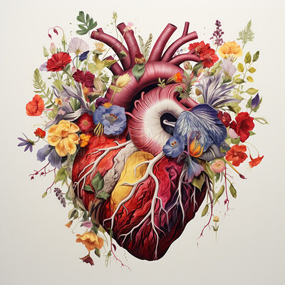 Flowers growing from heart. Strong, healthy heart concept. Sustainable disease prevention