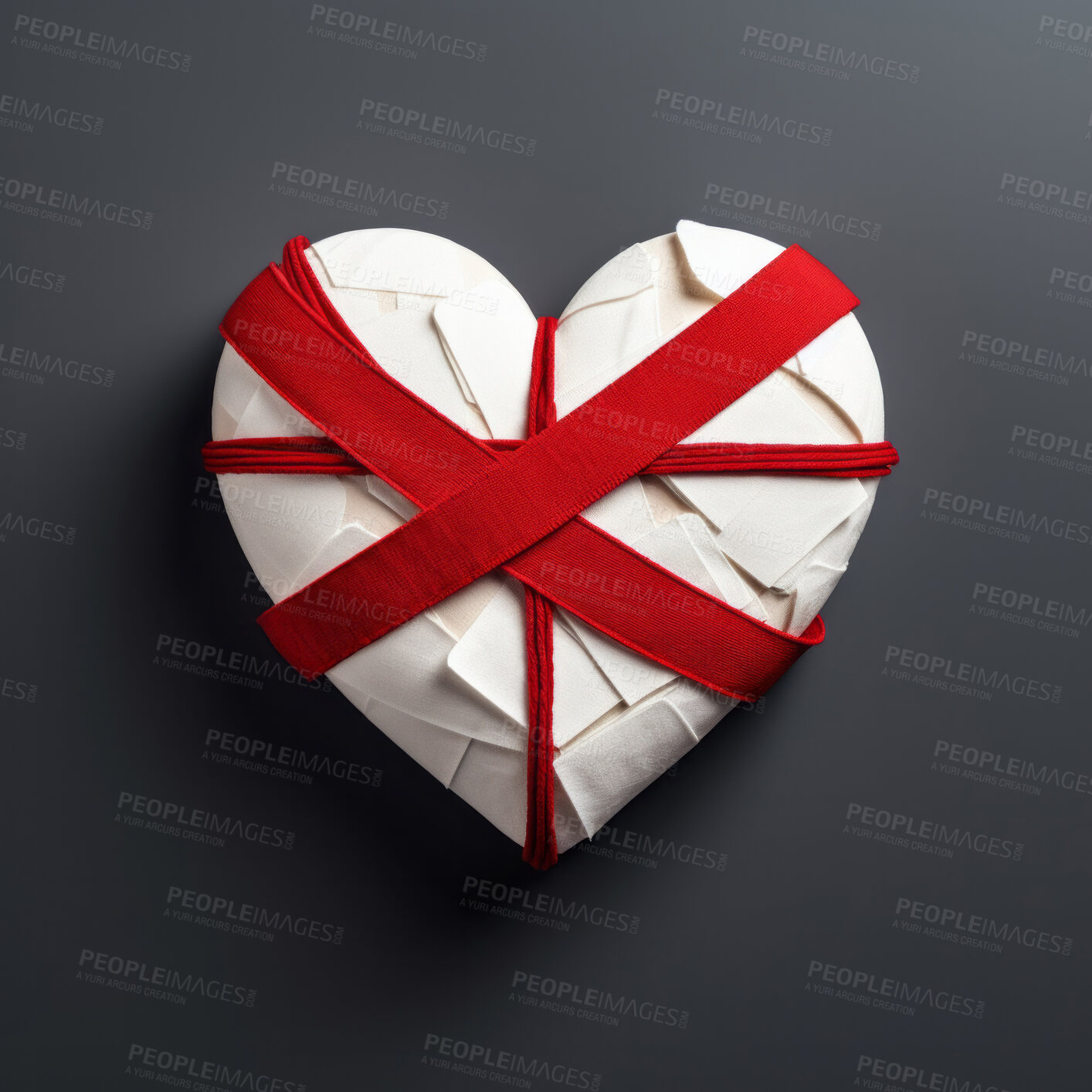 Buy stock photo Heart wrapped in red ribbon. Heal broken heart concept.