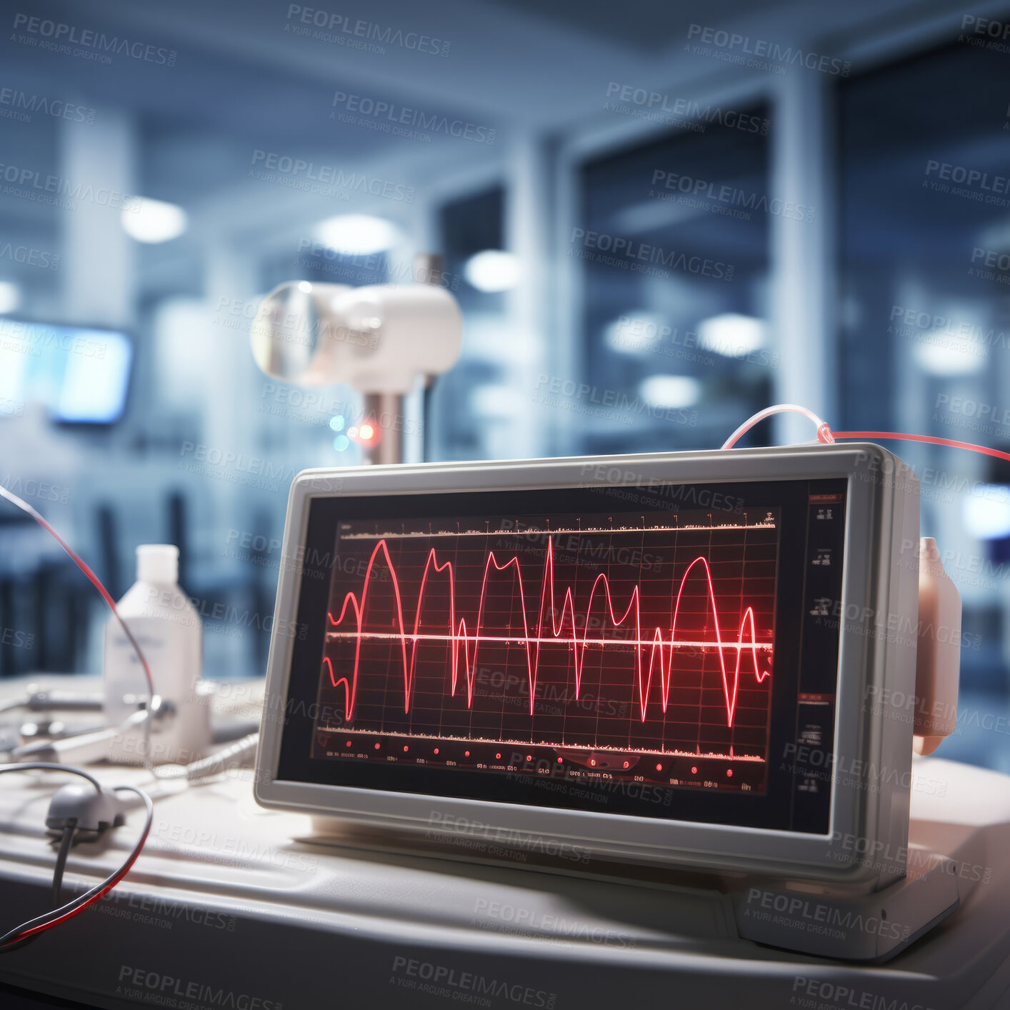 Buy stock photo Heart rate monitor in hospital. Emergency EKG medical device for vital signs.