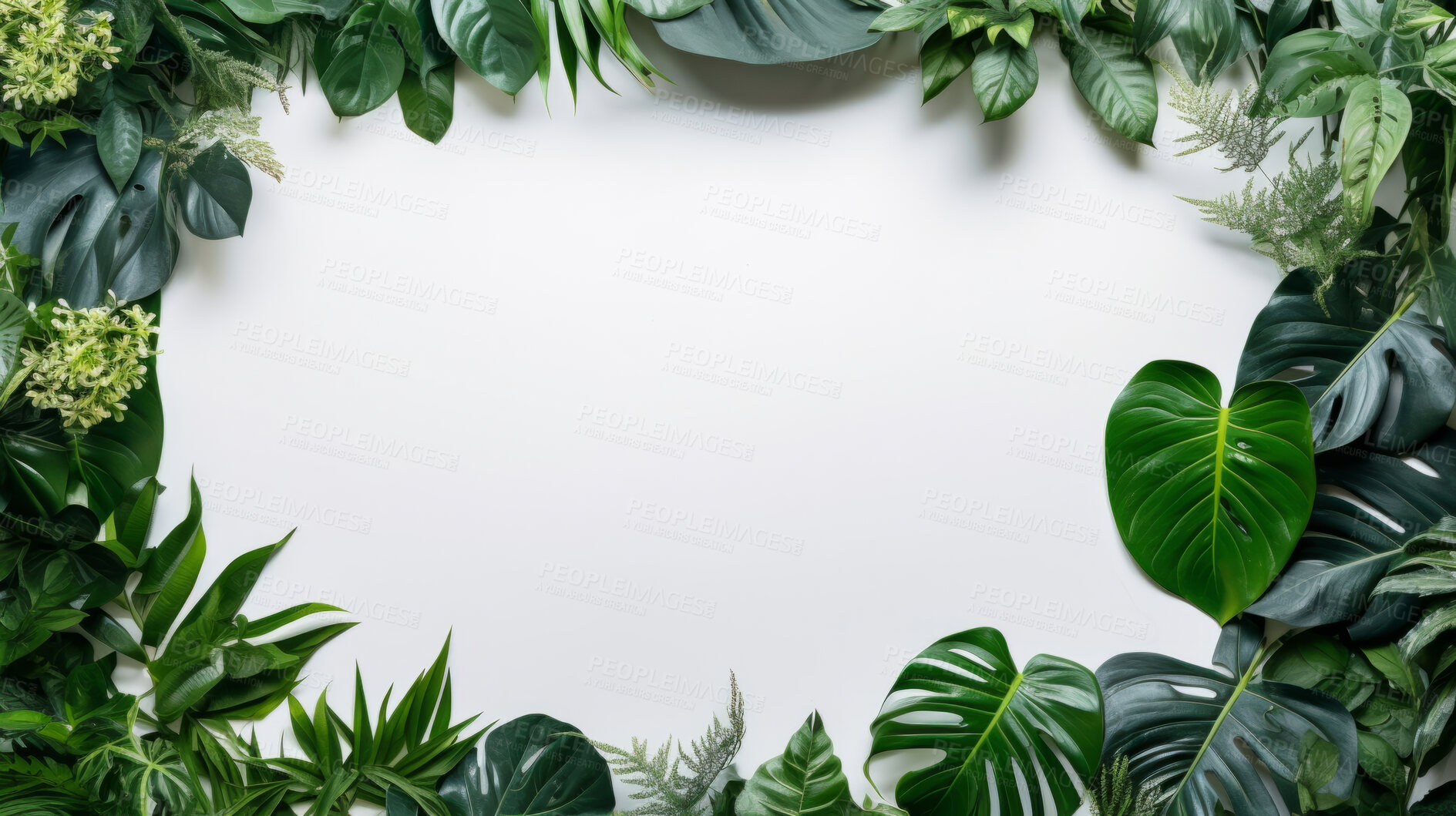 Buy stock photo A frame of tropical leaves around a white empty space. Copy space concept.