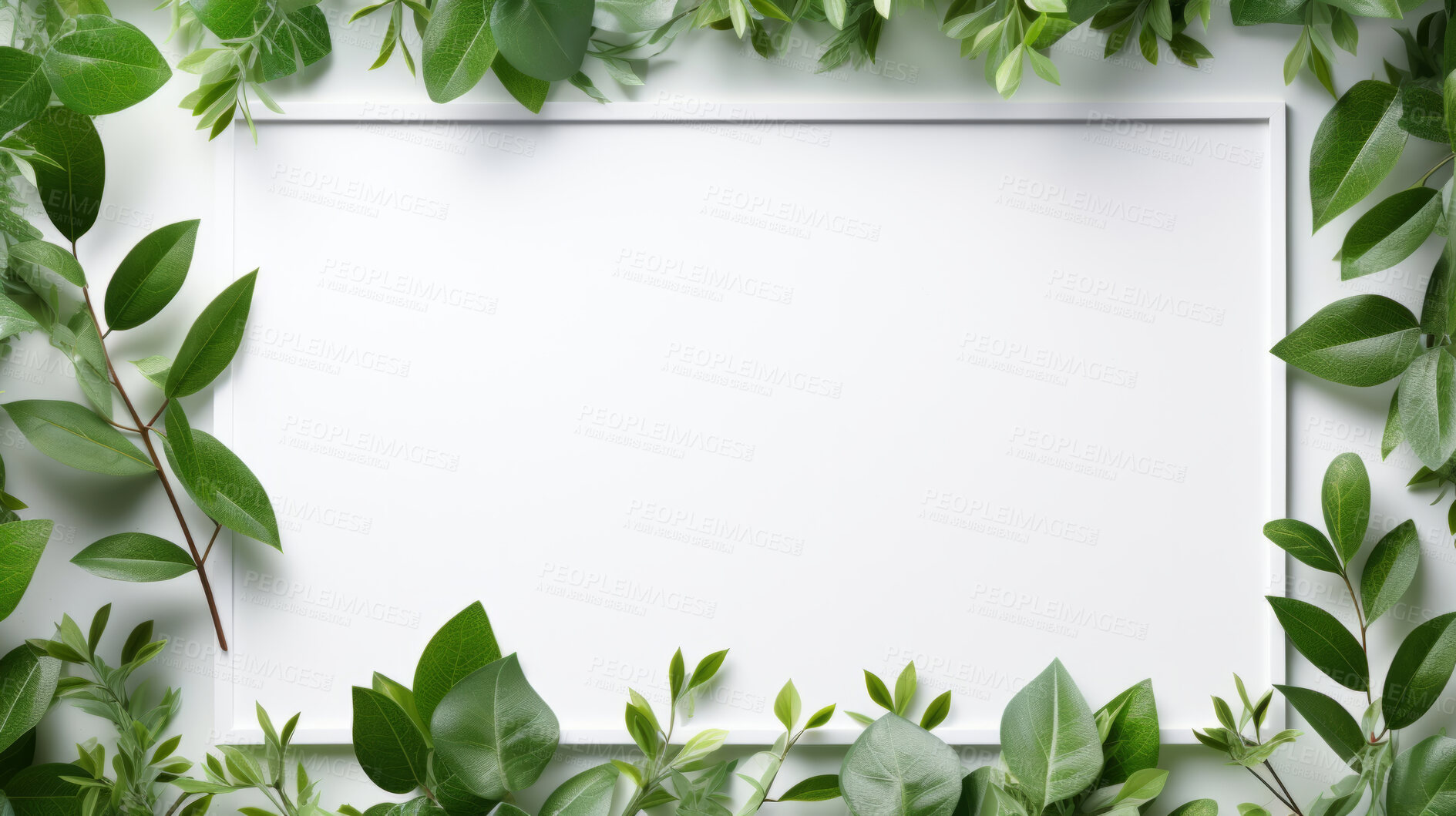 Buy stock photo A frame of tropical leaves around a white empty space. Copy space concept.