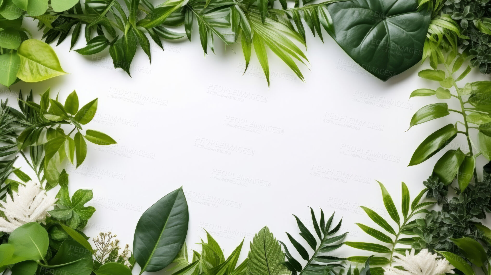 Buy stock photo A frame of tropical leaves around a white empty space. Copy space concept.