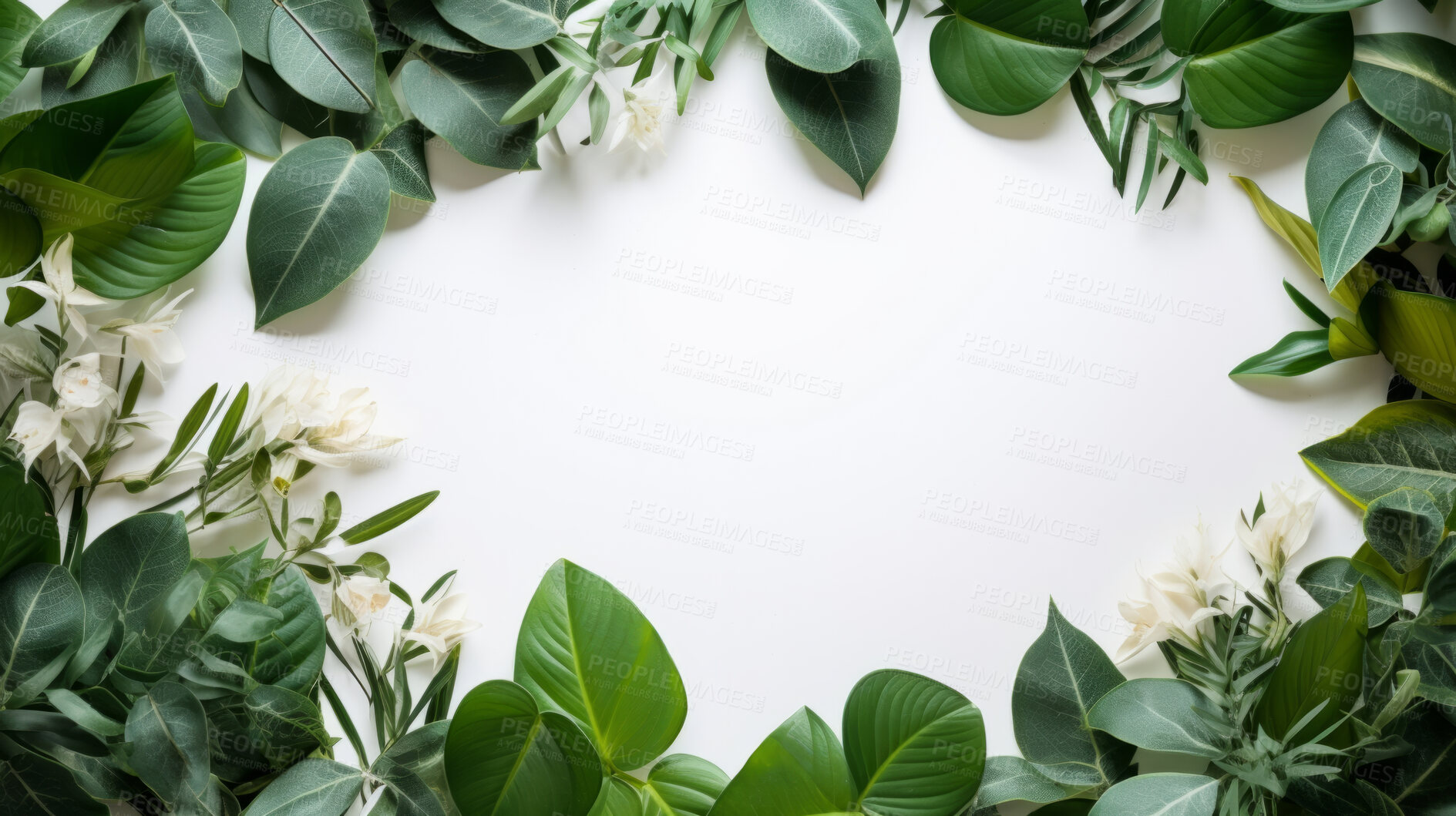 Buy stock photo A frame of tropical leaves around a white empty space. Copy space concept.