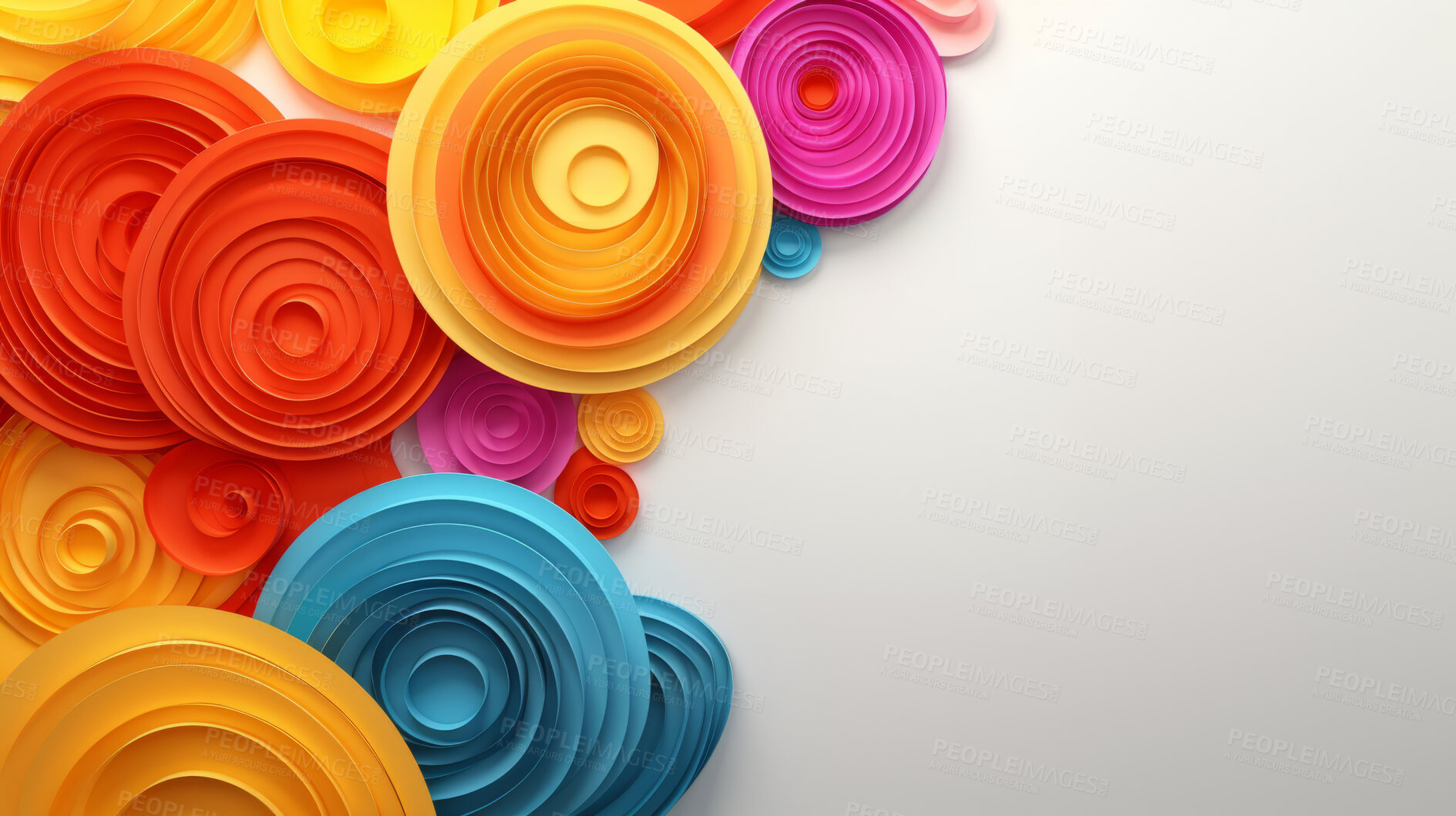 Buy stock photo A frame of 3d colorful shapes on edges of a white empty space. Copy space concept.