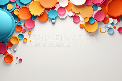 Buy stock photo A frame of 3d colorful shapes on edges of a white empty space. Copy space concept.