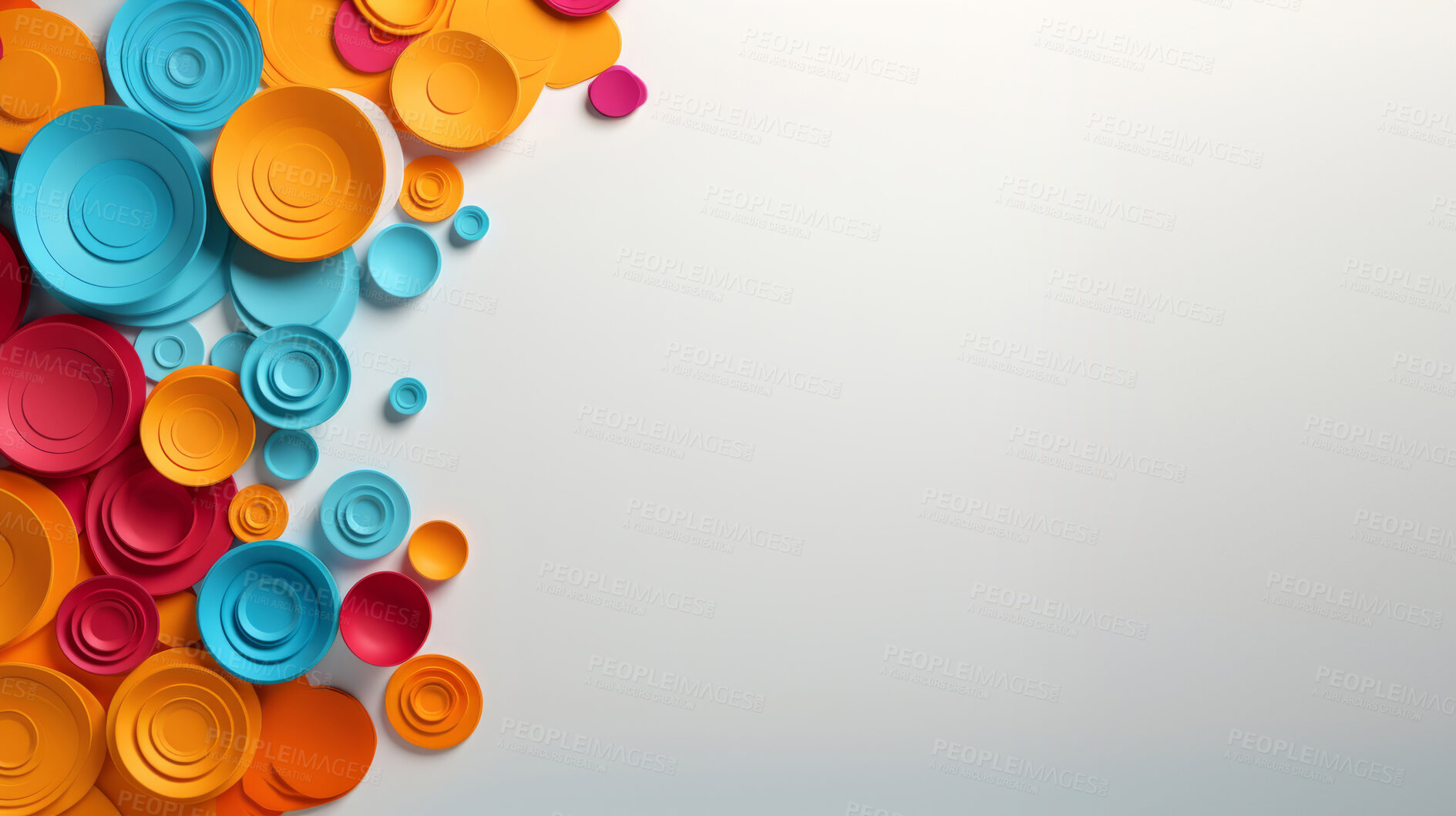 Buy stock photo A frame of 3d colorful shapes on a white empty space. Copy space concept.