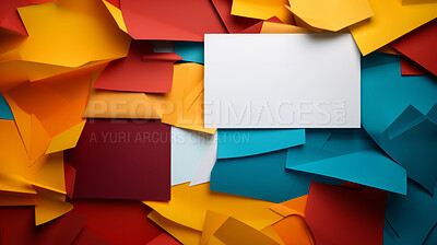 Buy stock photo A frame of paper colorful shapes around a white empty space. Copy space concept.