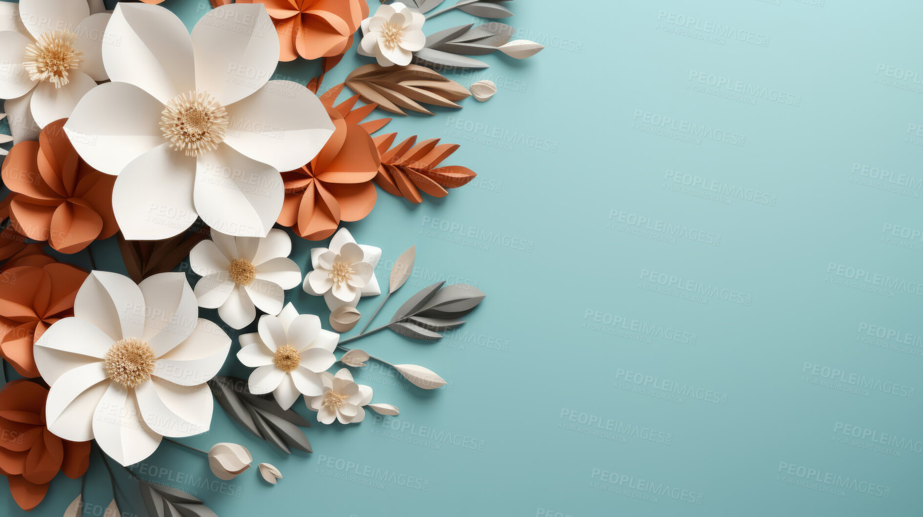 Buy stock photo Paper flower decor on background. Abstract copy space concept.