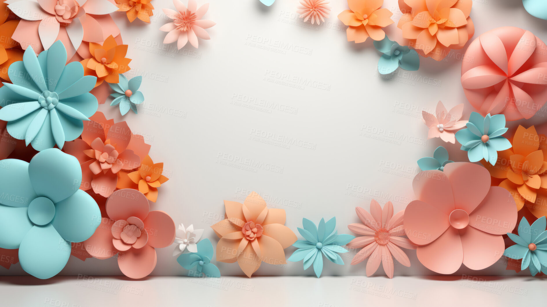 Buy stock photo Paper flower decor around clear background. Abstract copy space concept.