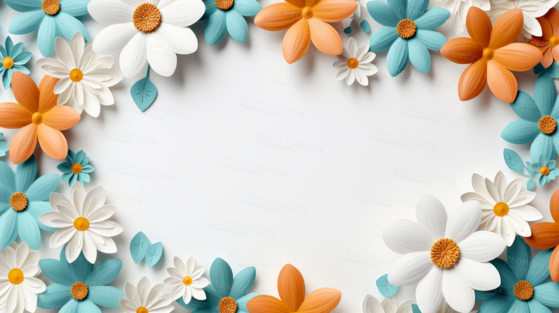 Buy stock photo Paper flower decor around clear background. Abstract copy space concept.