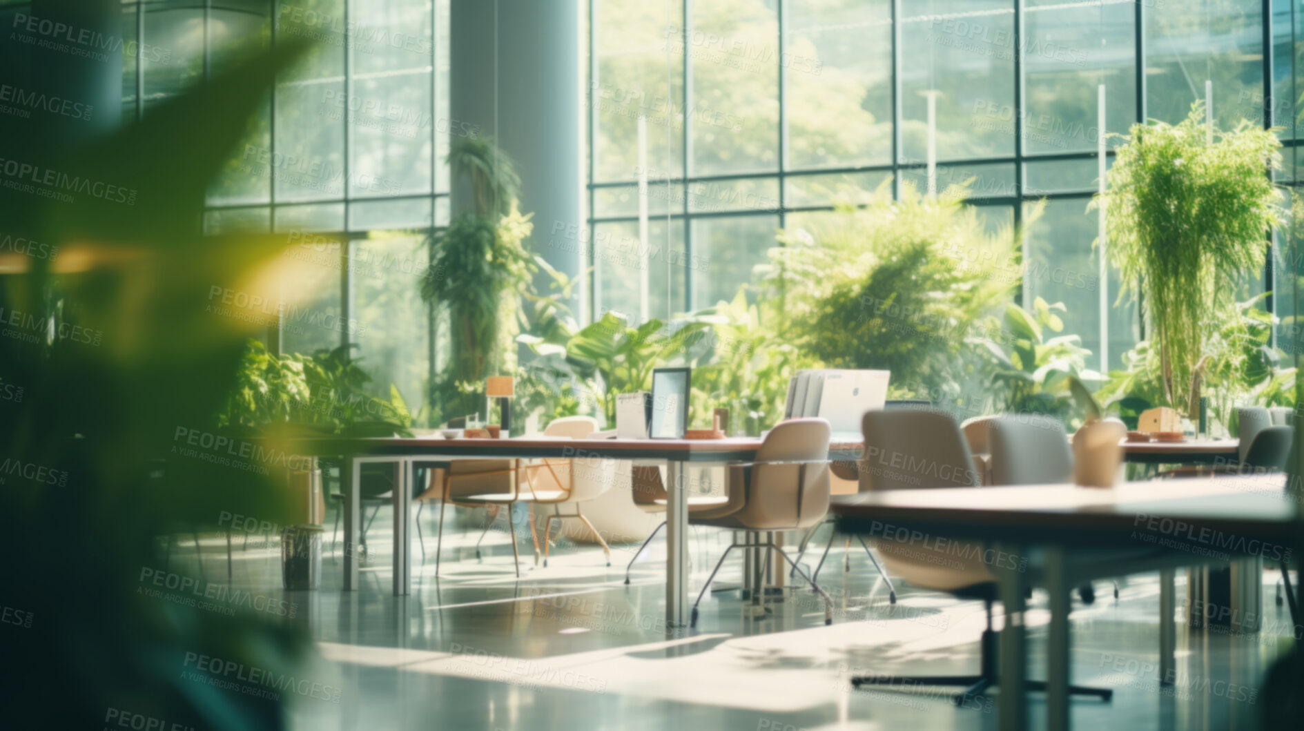 Buy stock photo Modern open office interior for corporate business or call centre with blurred background