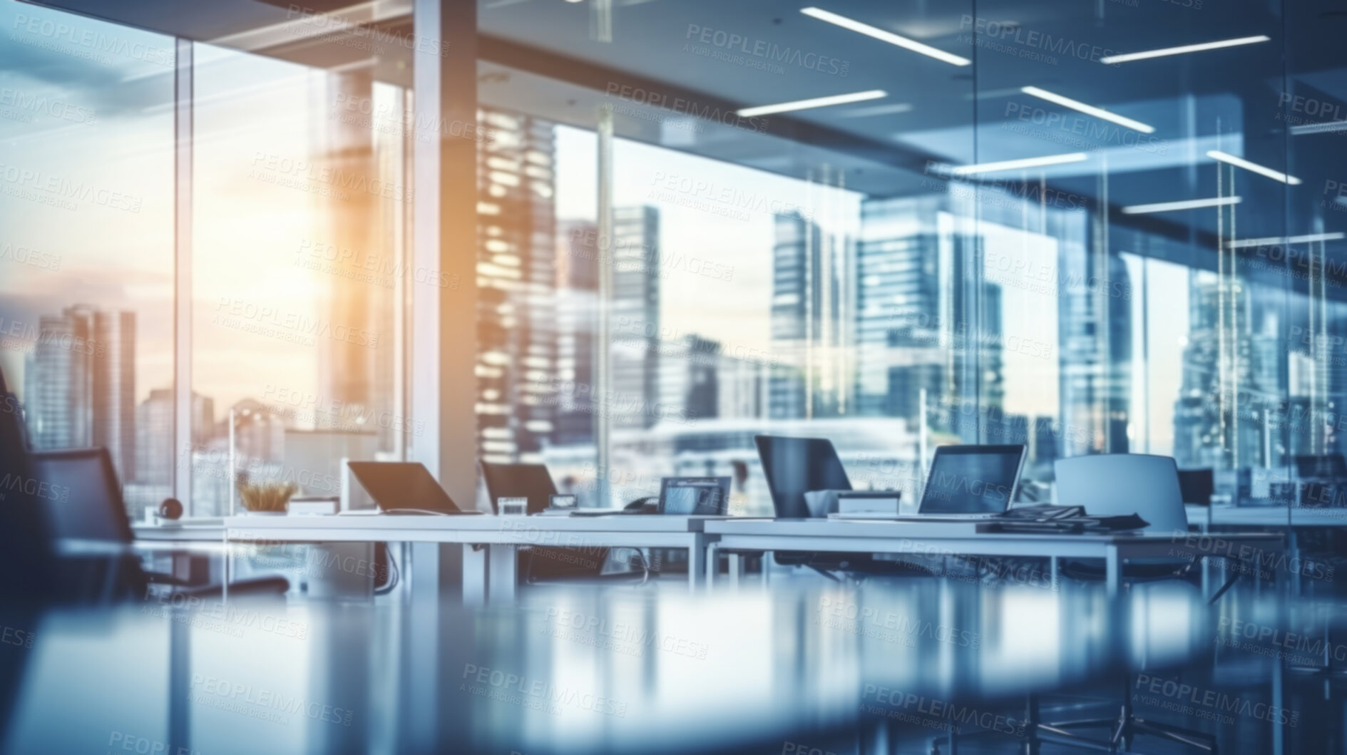 Buy stock photo Modern open office interior for corporate business or call centre with blurred background