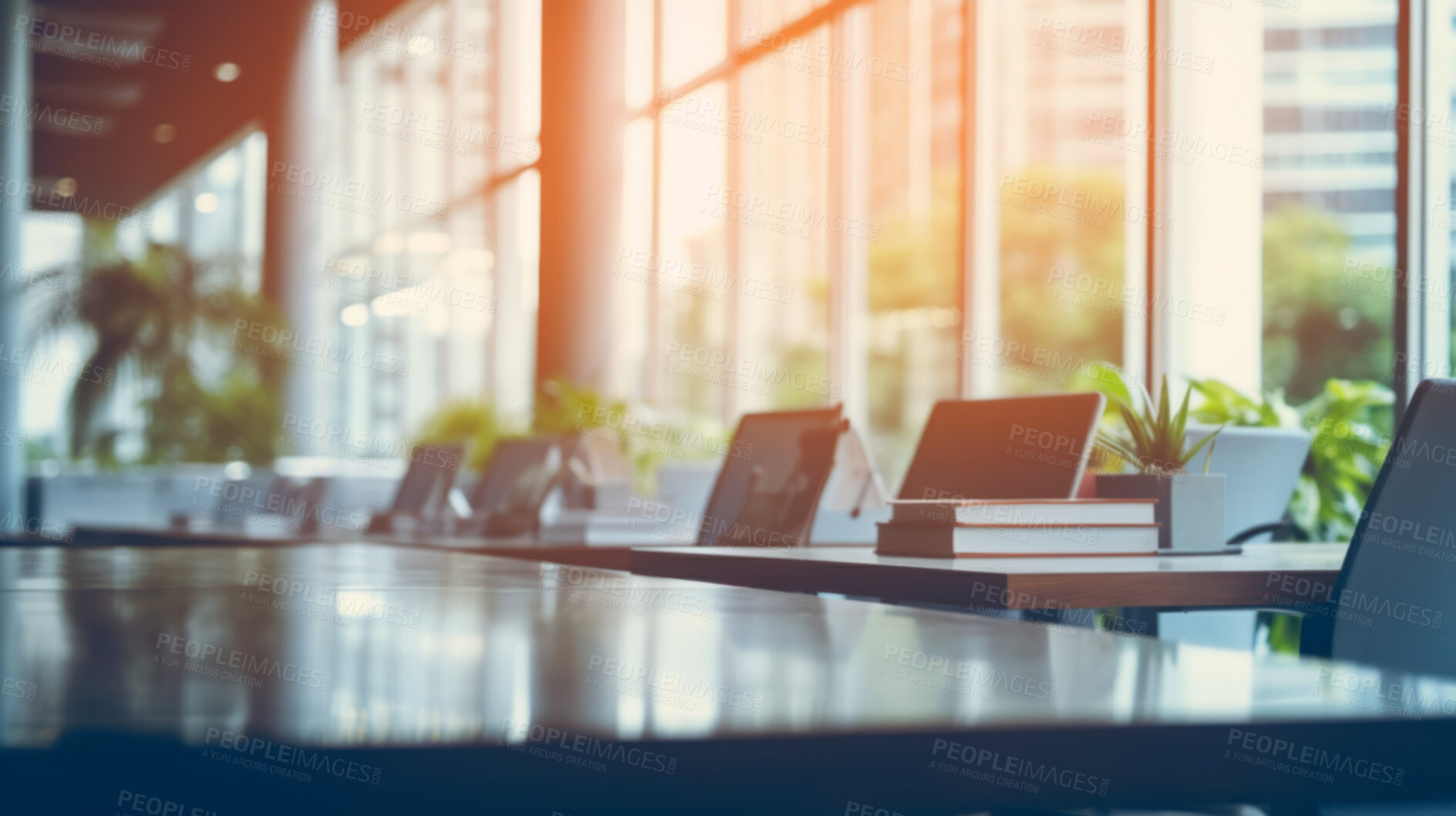 Buy stock photo Modern open office interior for corporate business or call centre with blurred background