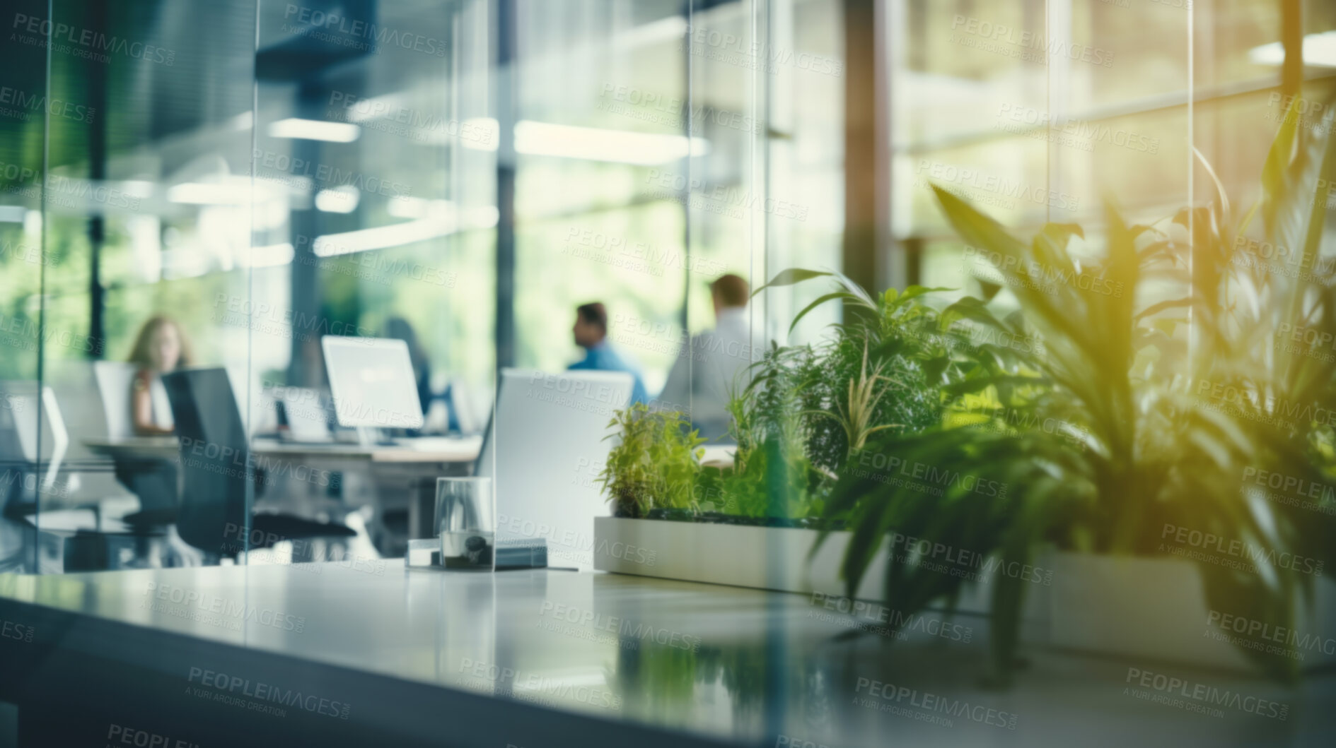 Buy stock photo Modern open space office interior or call centre with blurred business people