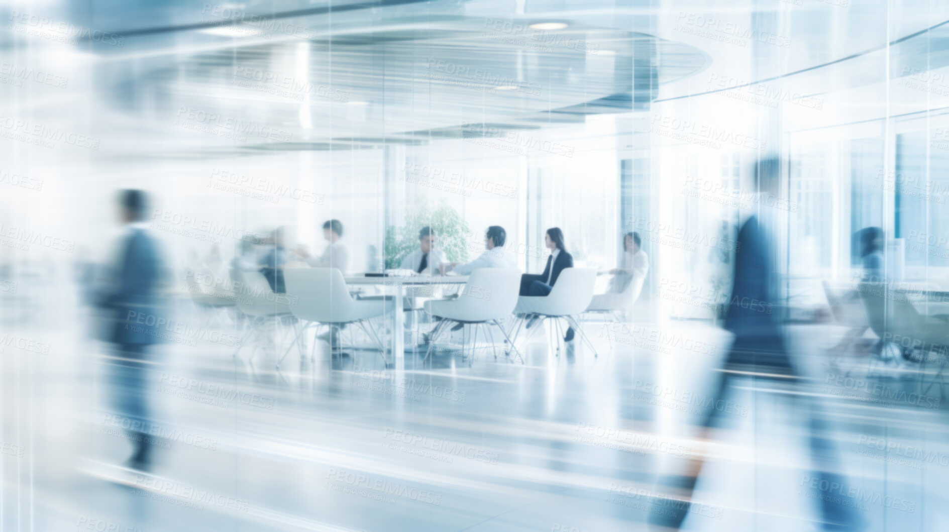 Buy stock photo Modern open space office interior or call centre with blurred business people