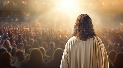 Buy stock photo Prayer, christian and flock with man in field for worship, holy spirit and spirituality