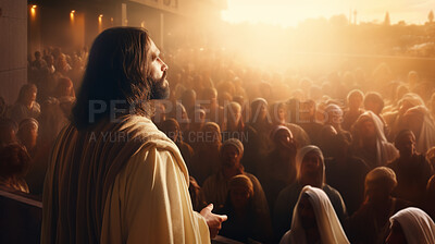 Buy stock photo Prayer, christian and flock with man in field for worship, holy spirit and spirituality