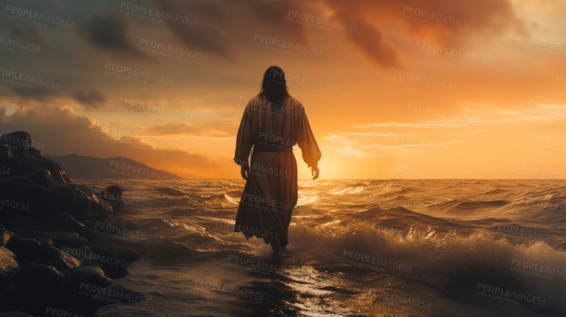Buy stock photo Jesus Christ walking towards a boat on stormy sea at sunset. Christian and spirituality