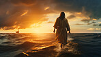 Jesus Christ walking towards a boat on stormy sea at sunset. Christian and spirituality