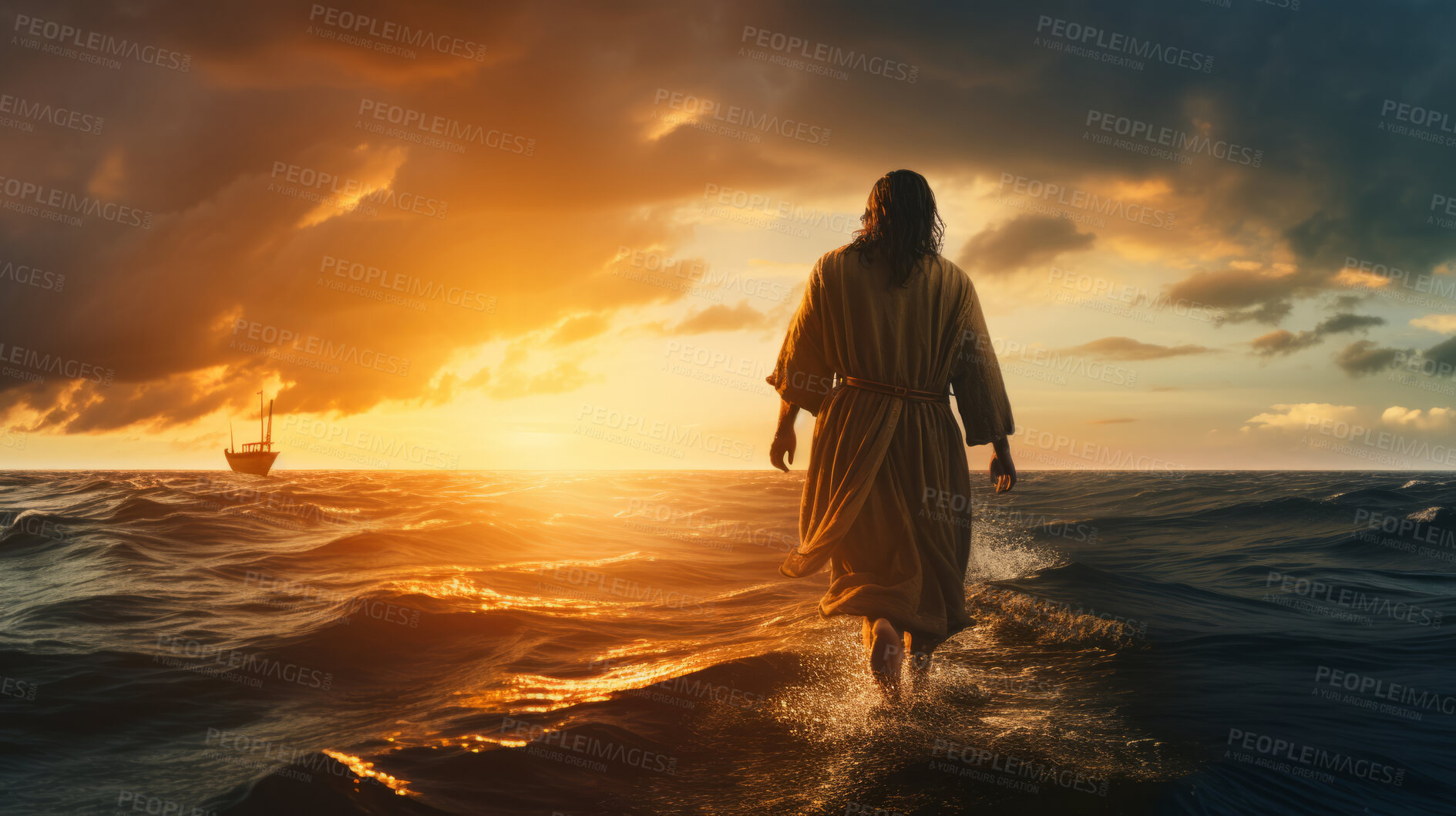 Buy stock photo Jesus Christ walking towards a boat on stormy sea at sunset. Christian and spirituality