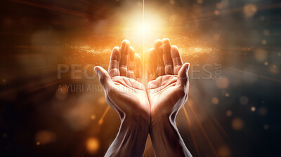 Open prayer hands worship God. Glowing light or spirit for spirituality and christianity