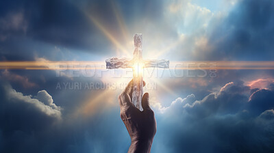Buy stock photo Hand holding a cross, worship God. Glowing light or spirit for spirituality and christianity