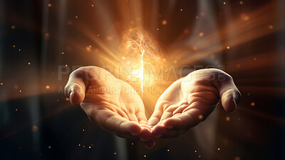 Buy stock photo Open prayer hands worship God. Glowing light or spirit for spirituality and christianity
