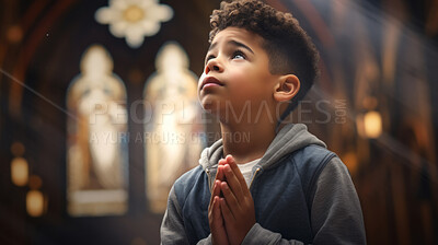 Child prayer hands praising God. Child looking up praying or worship in church