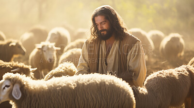 Shepherd Jesus Christ sitting in a field with sheep and praying. Christian and worship
