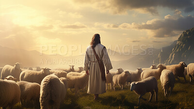 Buy stock photo Shepherd Jesus Christ leading flock of sheep and worshipping God. Christian and worship